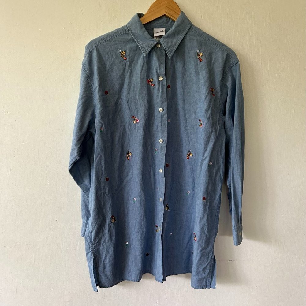 VTG Warner Brothers Tweety Bird Top Womens Medium Button Front Embroidered 90s